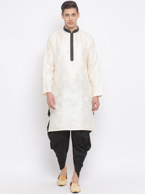 Vastramay Men's Gold Silk Blend Kurta and Black Dhoti Set